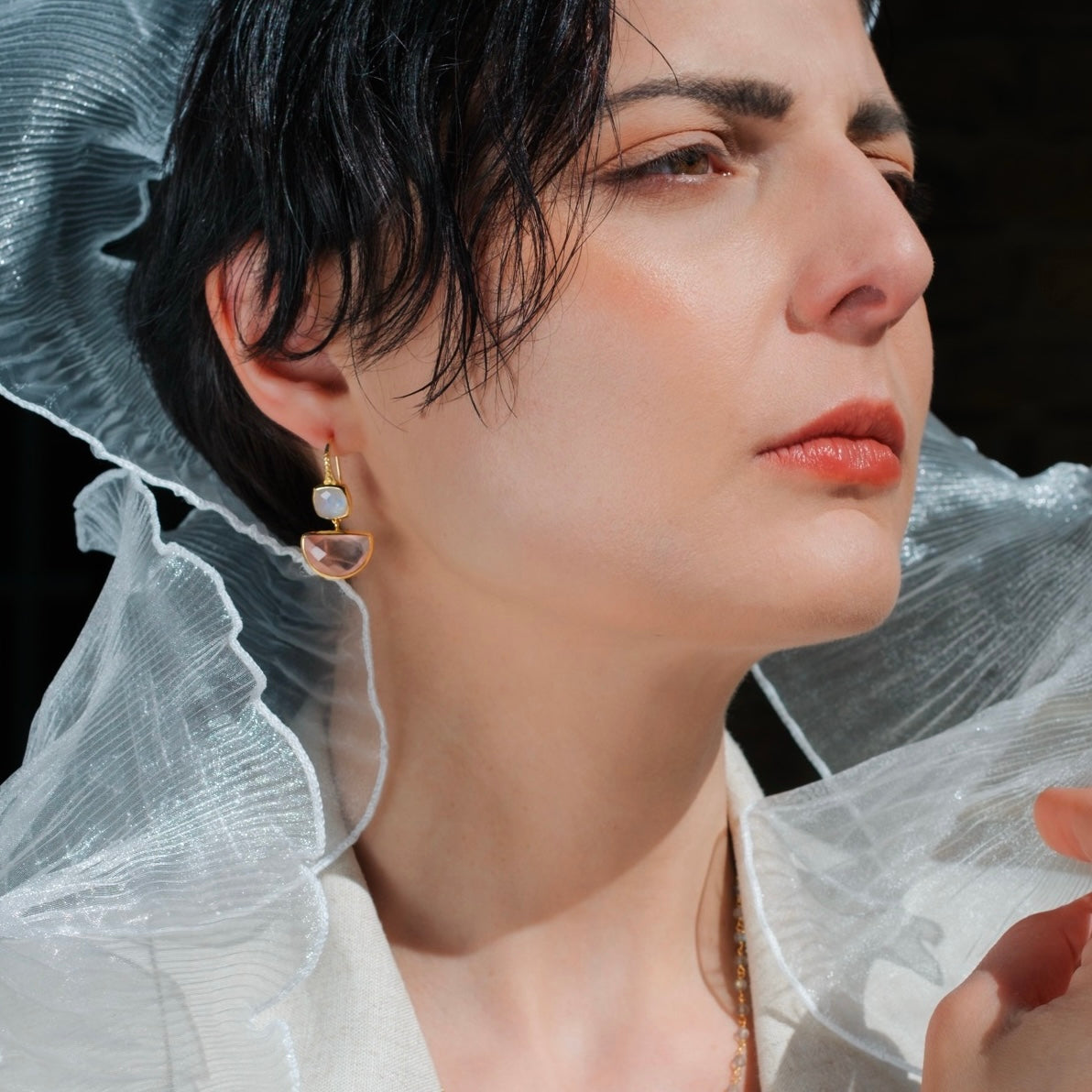 Charis Halfmoon Double Gemstone Earrings Rose Quart & Ruby