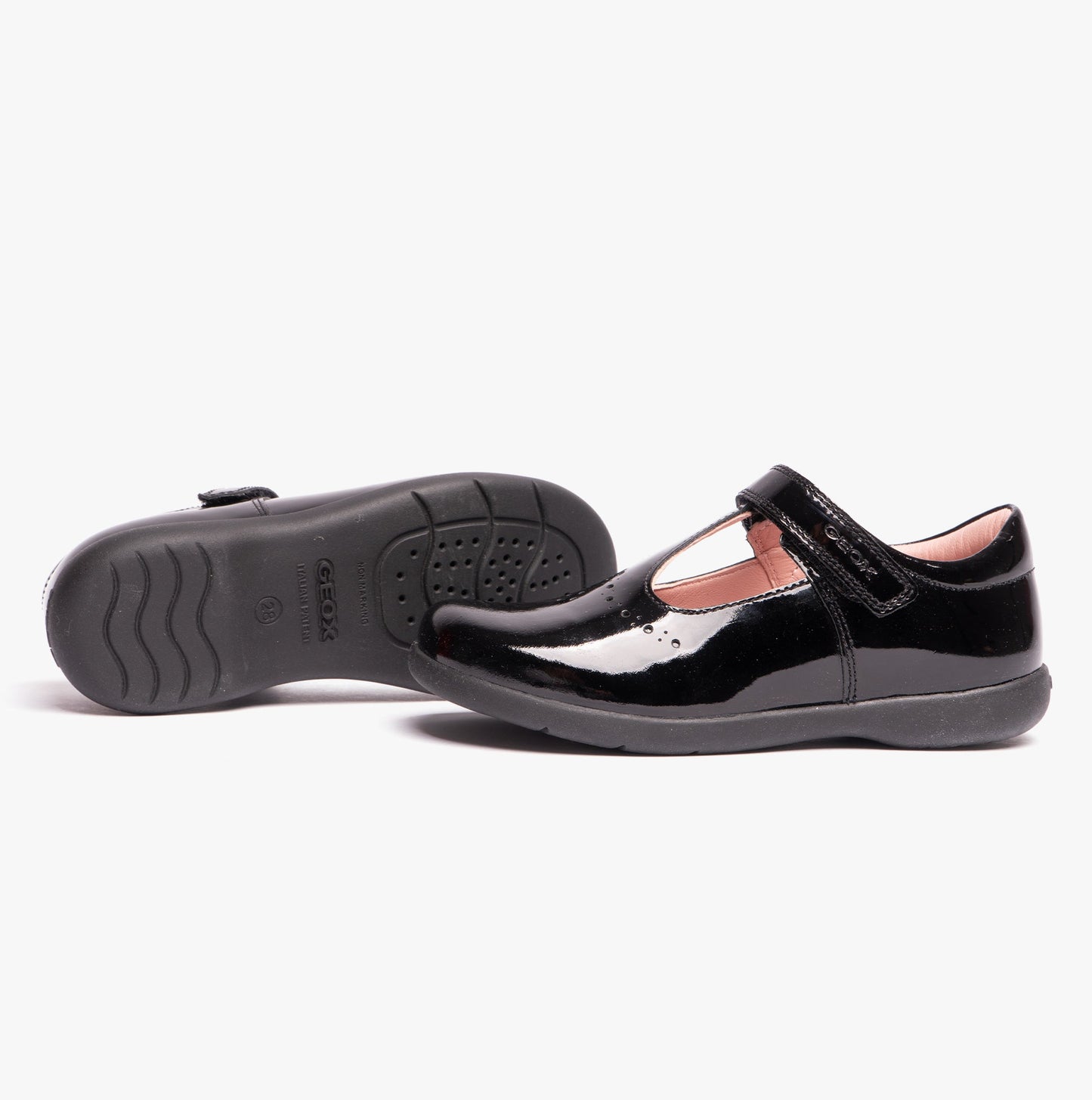 GEOX NAIMARA G B Girls Leather Touch Fasten School Shoes Patent Black