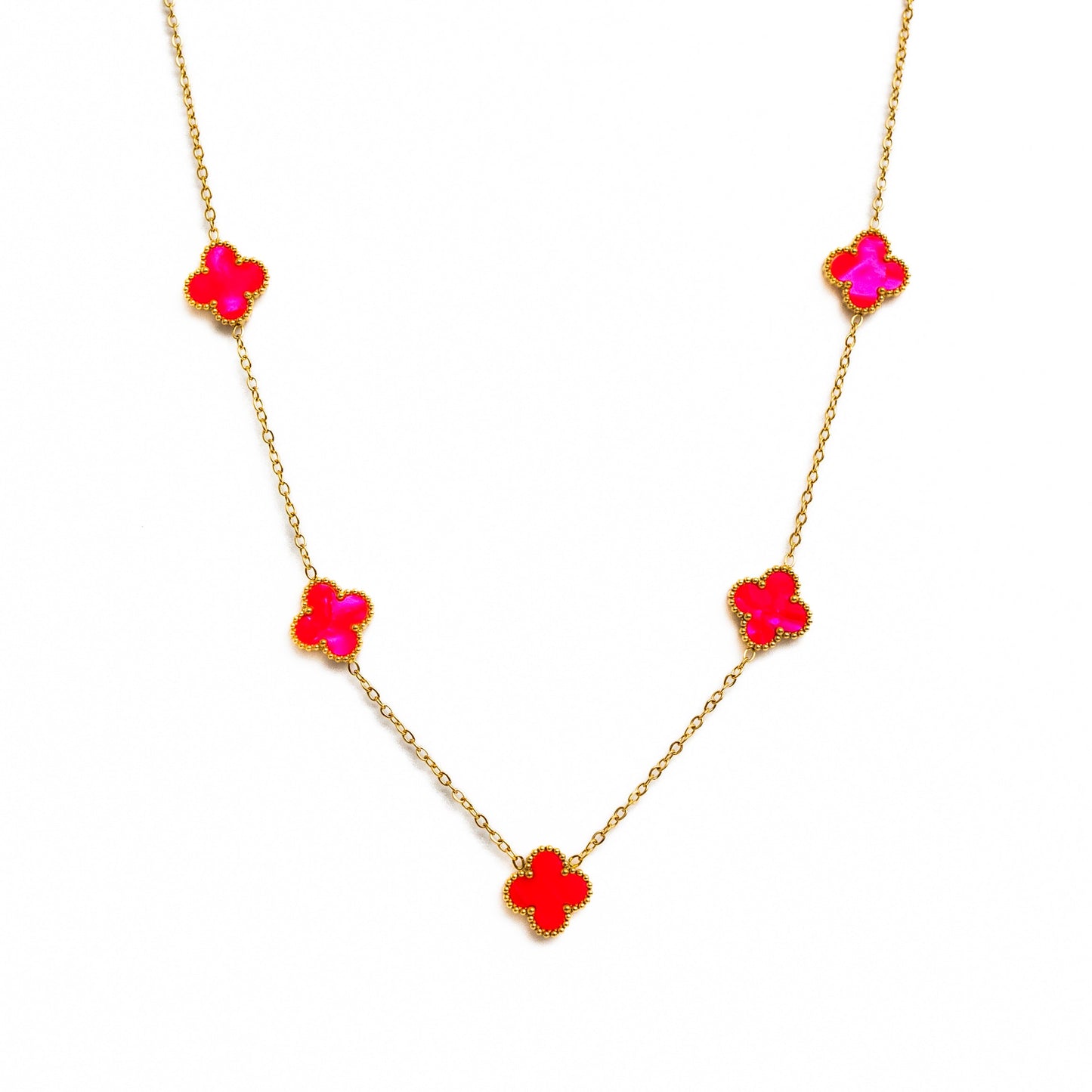Gold Pearl Clover Necklace (Pink)