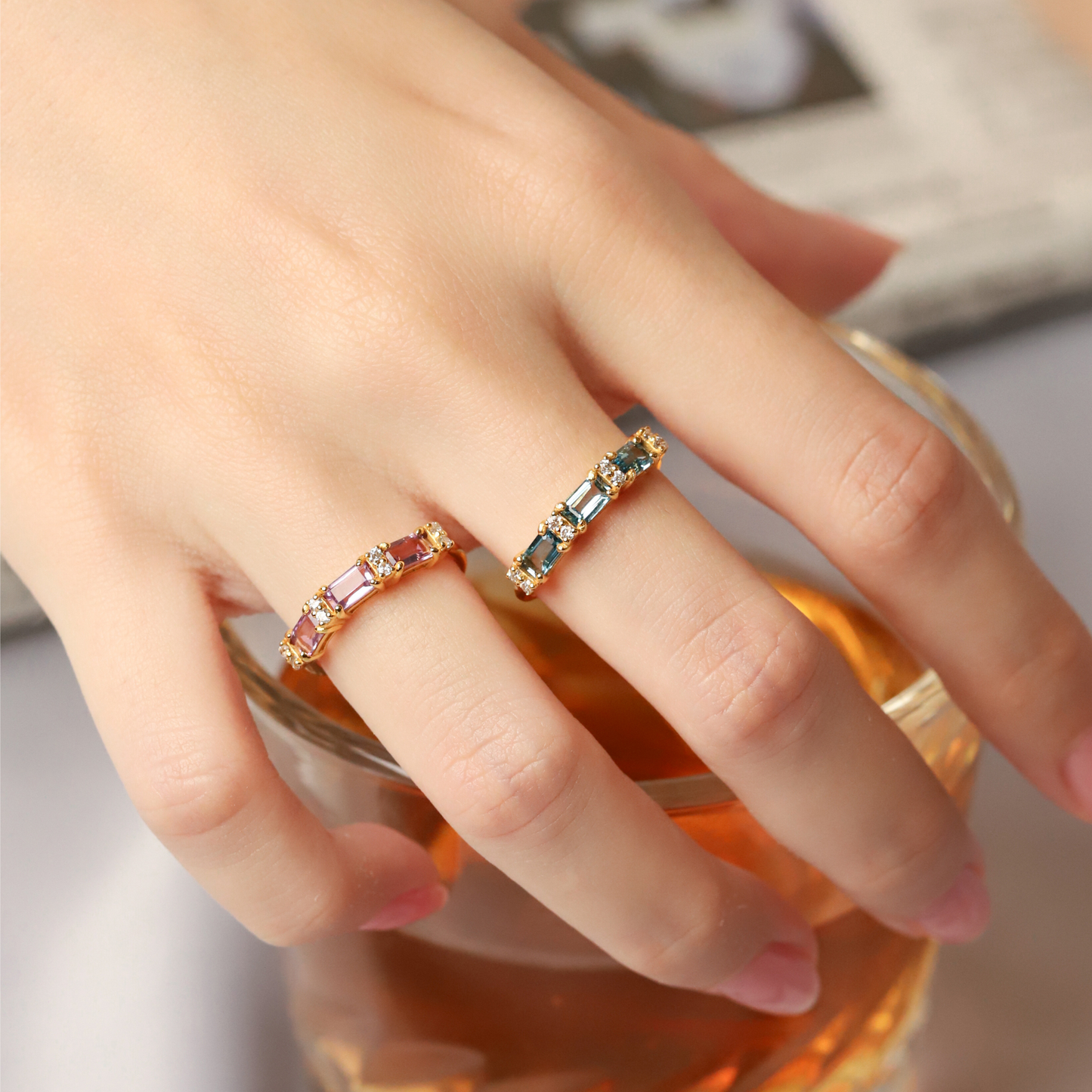 Lavender Amethyst Emerald Cut Eternity Ring in 18k Gold Vermeil