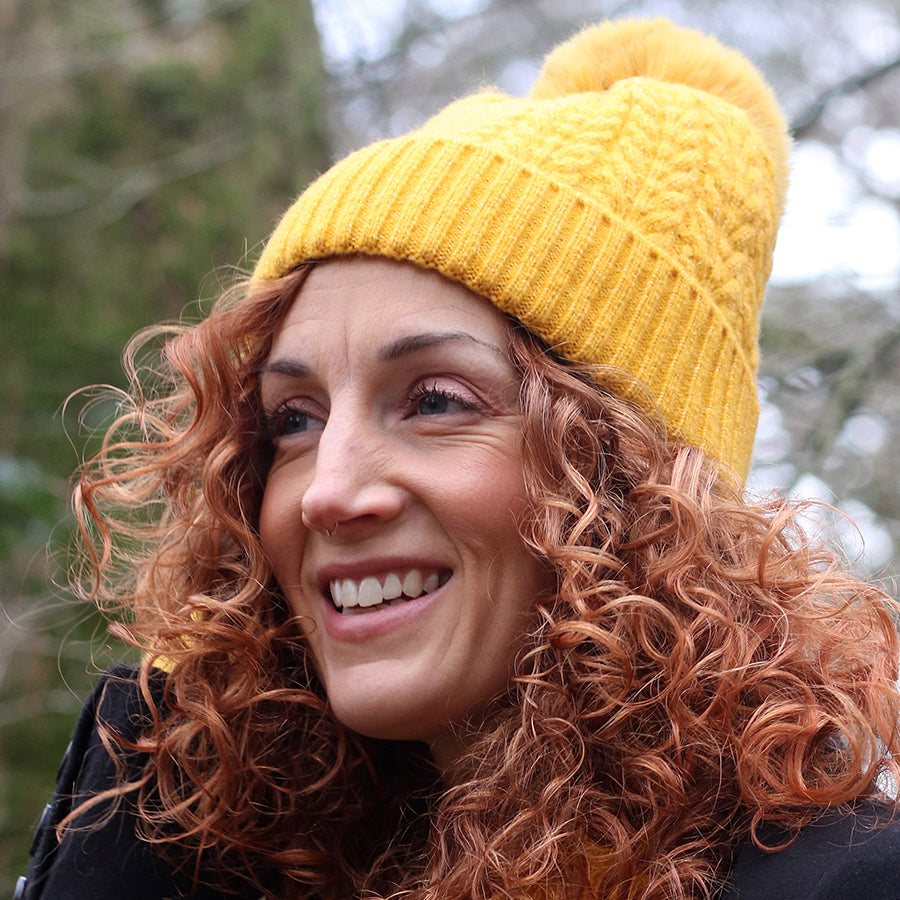 Recycled Yarn Herringone Cable Knit Hat with Faux Fur Pompom