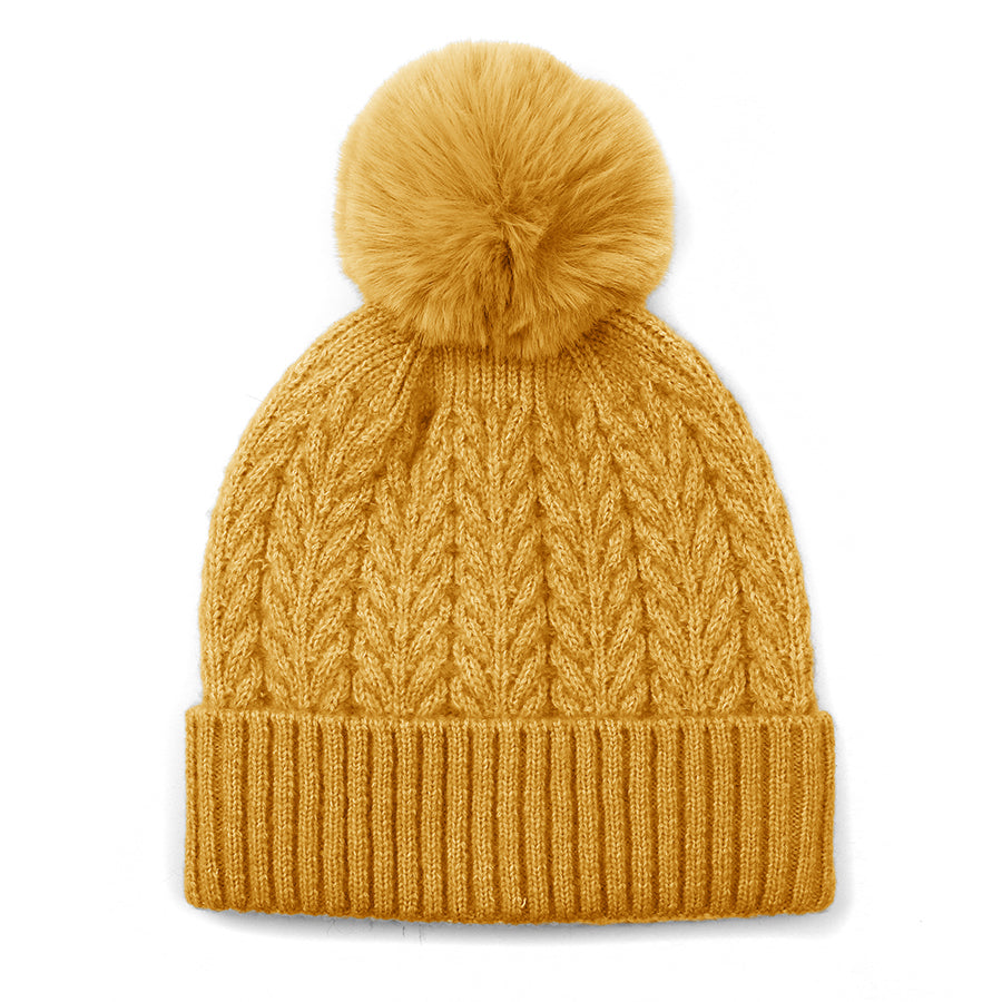 Recycled Yarn Herringone Cable Knit Hat with Faux Fur Pompom