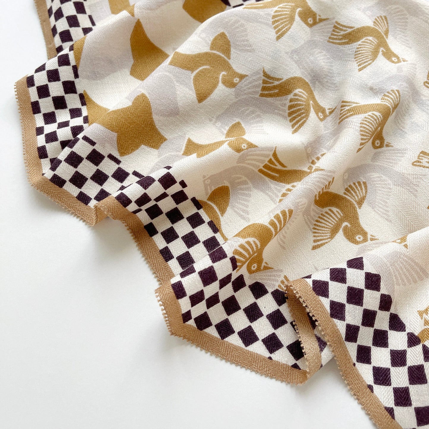 Beige Art Deco Bird Cashmere Scarf - Women's Luxury Silk Blended Scarf
