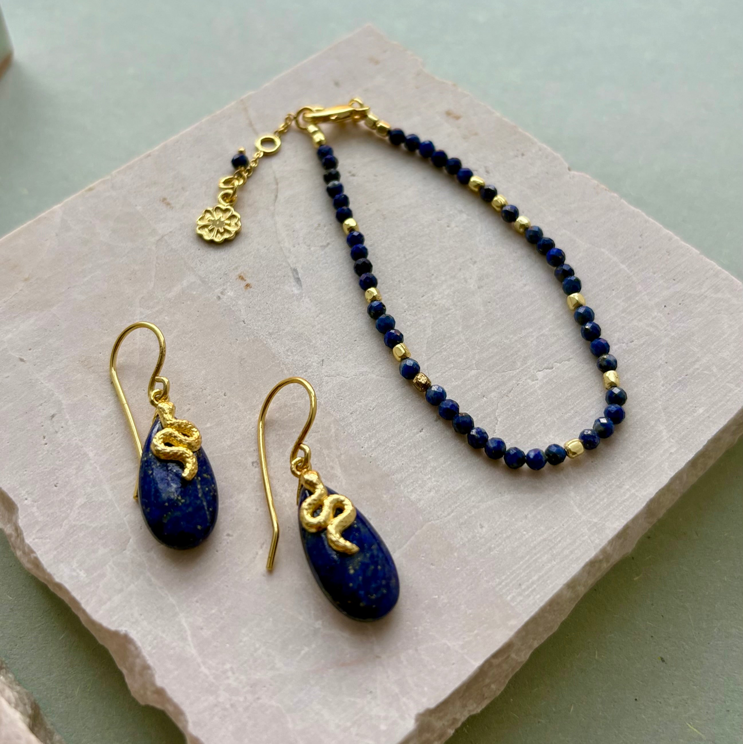 Milos Gemstone and Gold Bead Bracelet Lapis