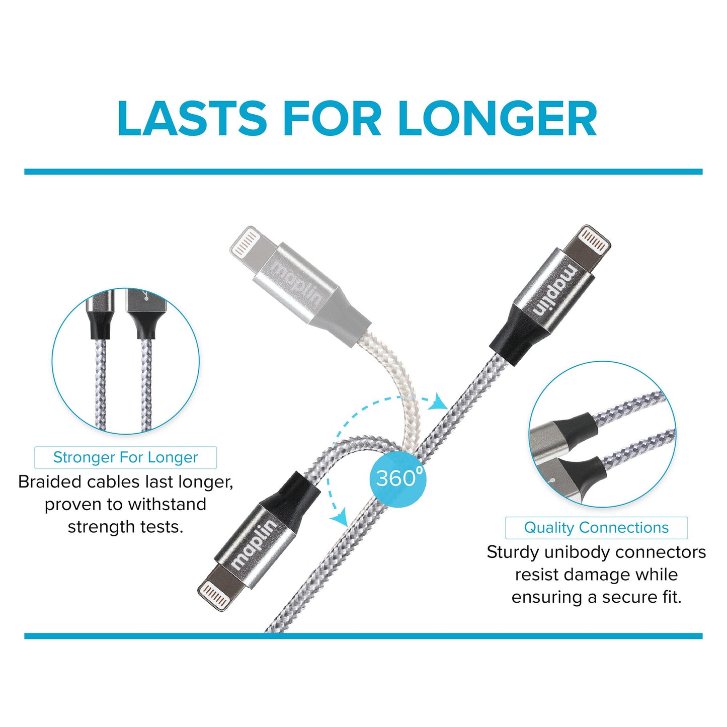 Maplin Lightning to USB-C 20W High Speed Braided Cable - Silver, 3m