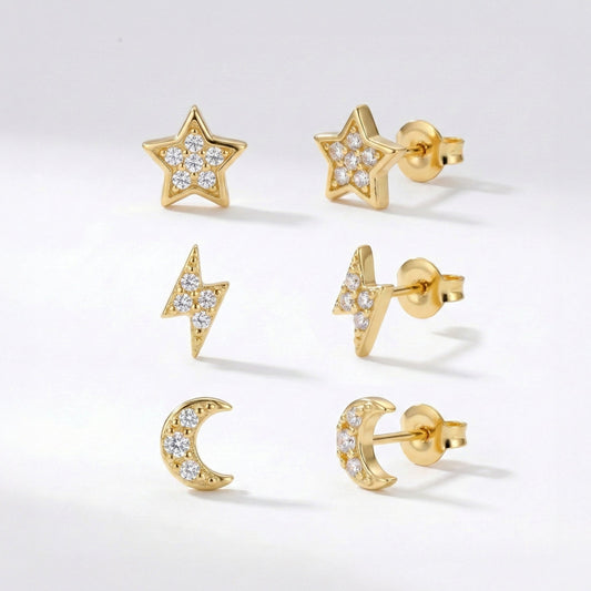 Miku Lightning, Moon & Star Stud Earrings Set | 18K Gold Plated