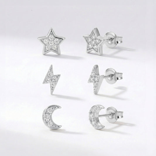 Miku Lightning, Moon & Star Stud Earrings Set | 925 Sterling Silver