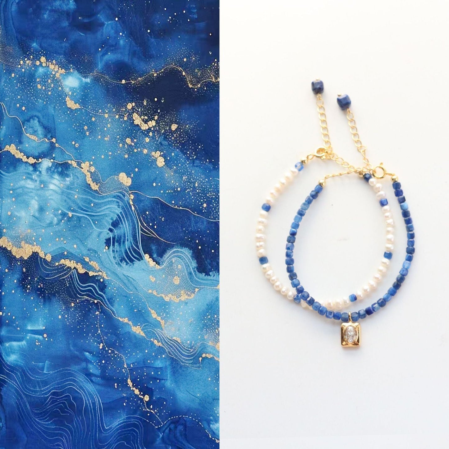 JEKIRA Pearl & Raw Blue Crystal Beaded Bracelet