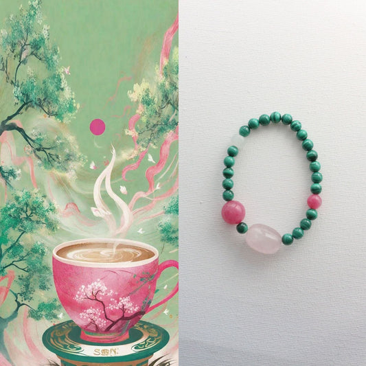 Jekira Natural Malachite Gemstone Beaded Bracelet · Tibetan Red Stone & Rose Quartz