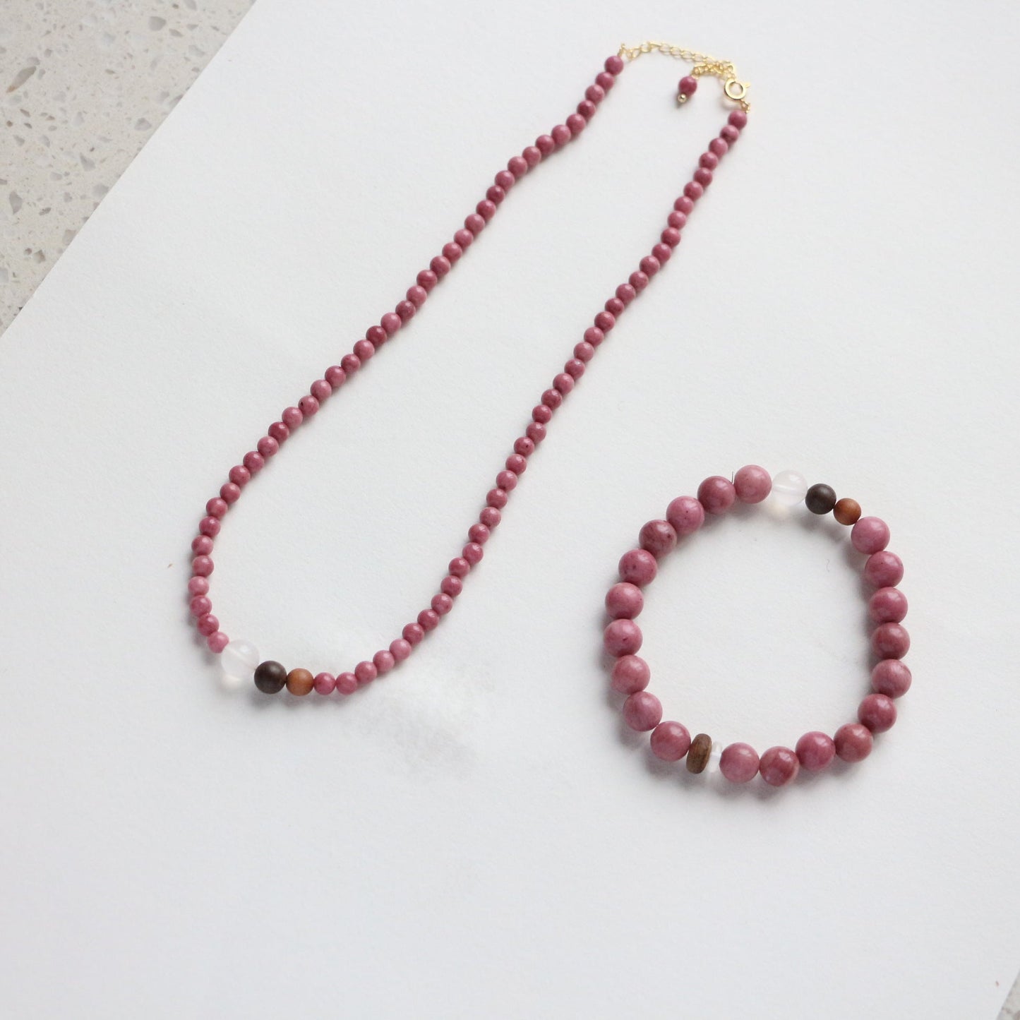 Jekira Rhodochrosite & Sandalwood Crystal Jewelry Set