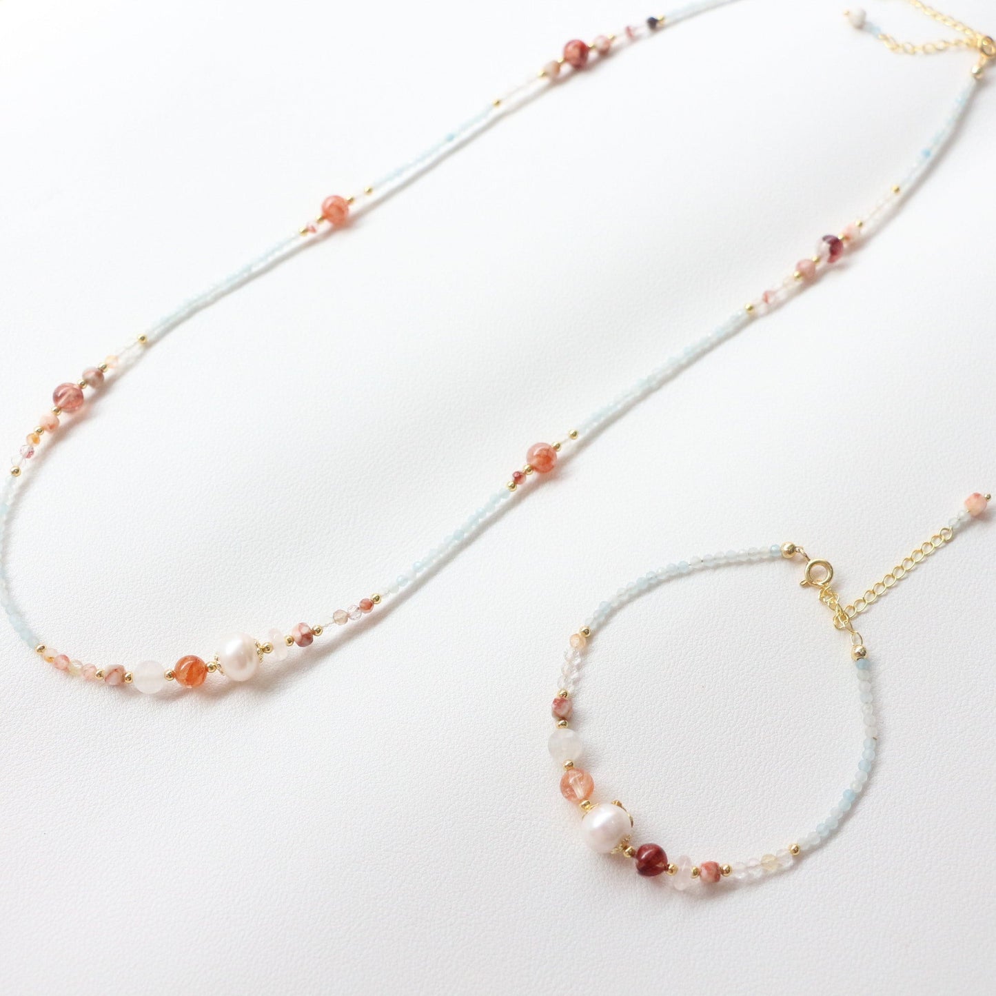 JEKIRA Red Phantom Quartz & Aquamarine Delicate Set