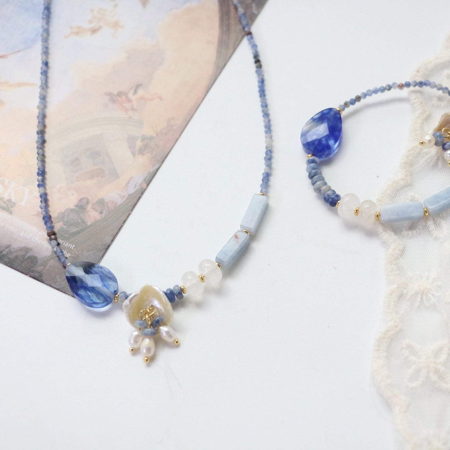 Jekira Blue Gemstone Beaded Necklace & Bracelet Set with Pearls