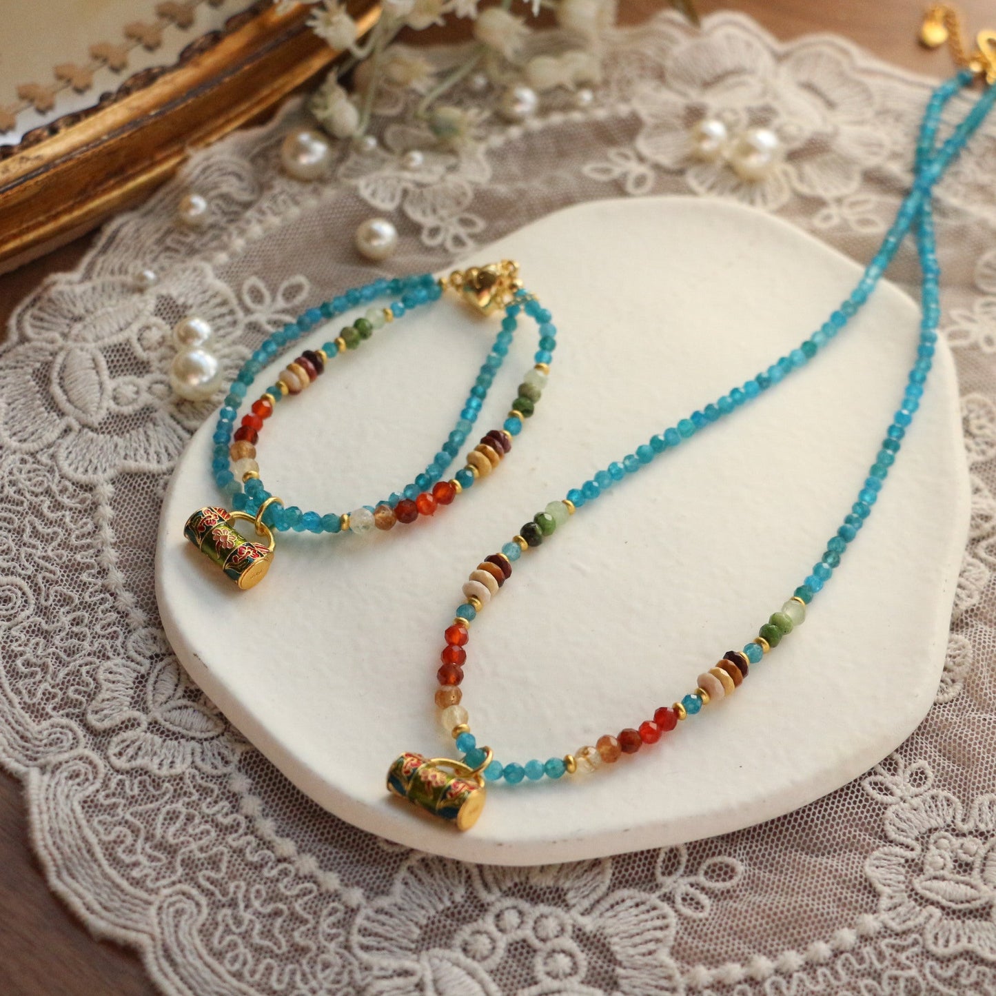Jekira Colorful Gemstone Beaded Necklace & Double-Layer Bracelet