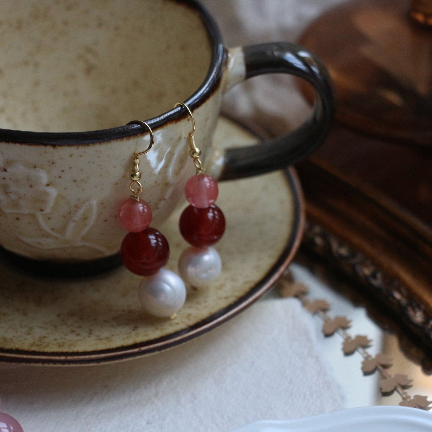 Jekira Pearl & Red Agate Drop Earrings