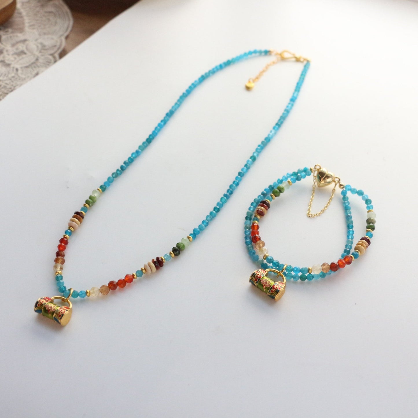 Jekira Colorful Gemstone Beaded Necklace & Double-Layer Bracelet