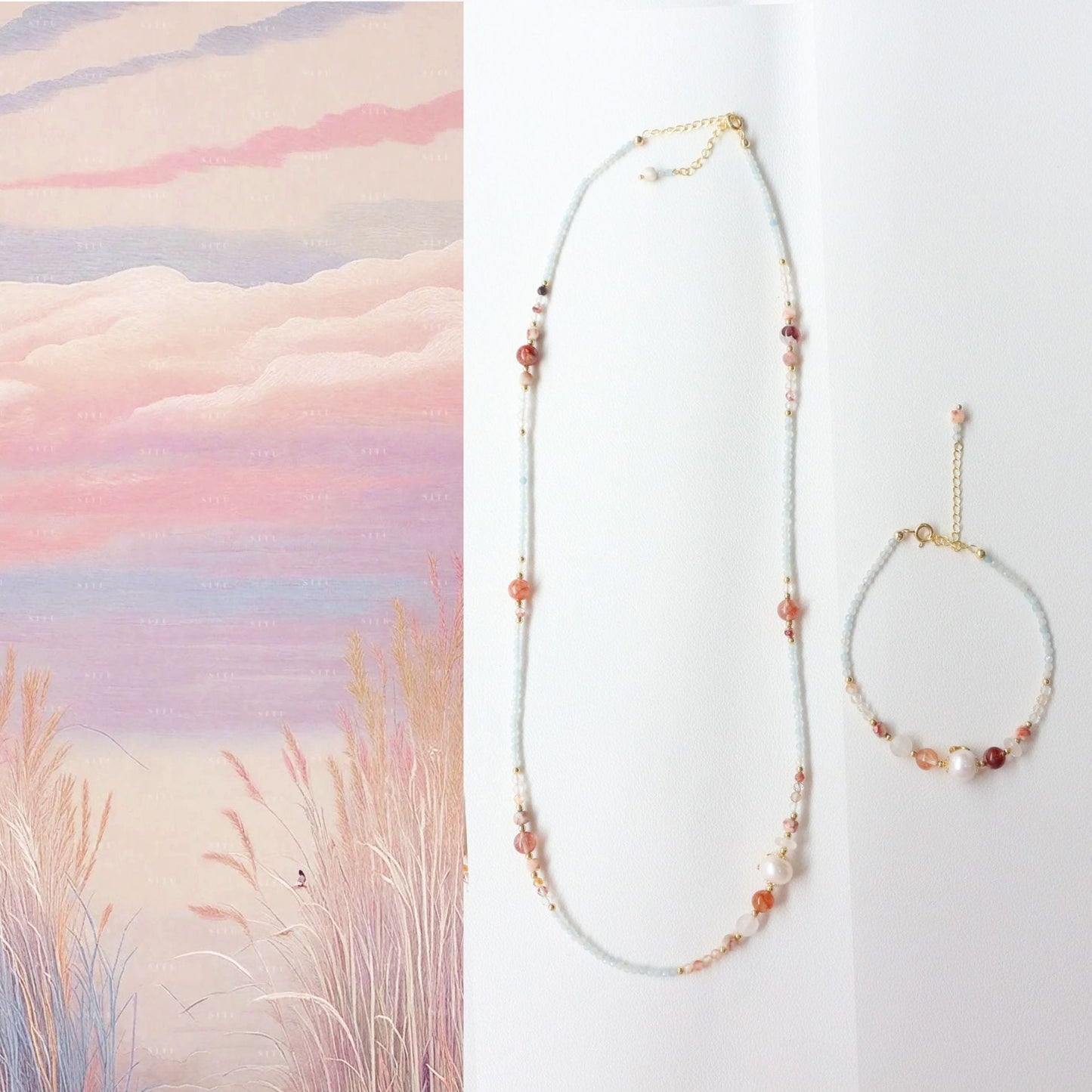 JEKIRA Red Phantom Quartz & Aquamarine Delicate Set