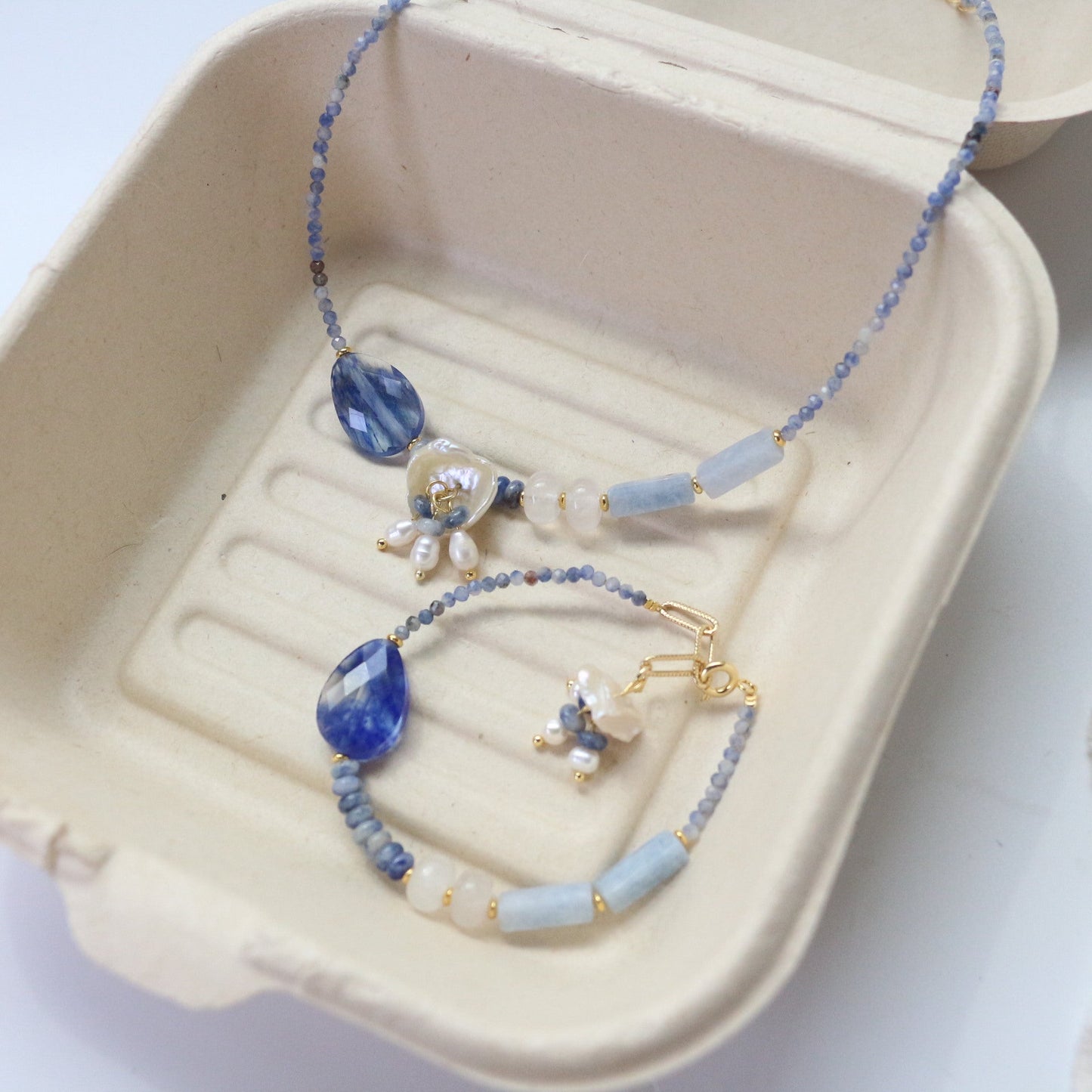 Jekira Blue Gemstone Beaded Necklace & Bracelet Set with Pearls