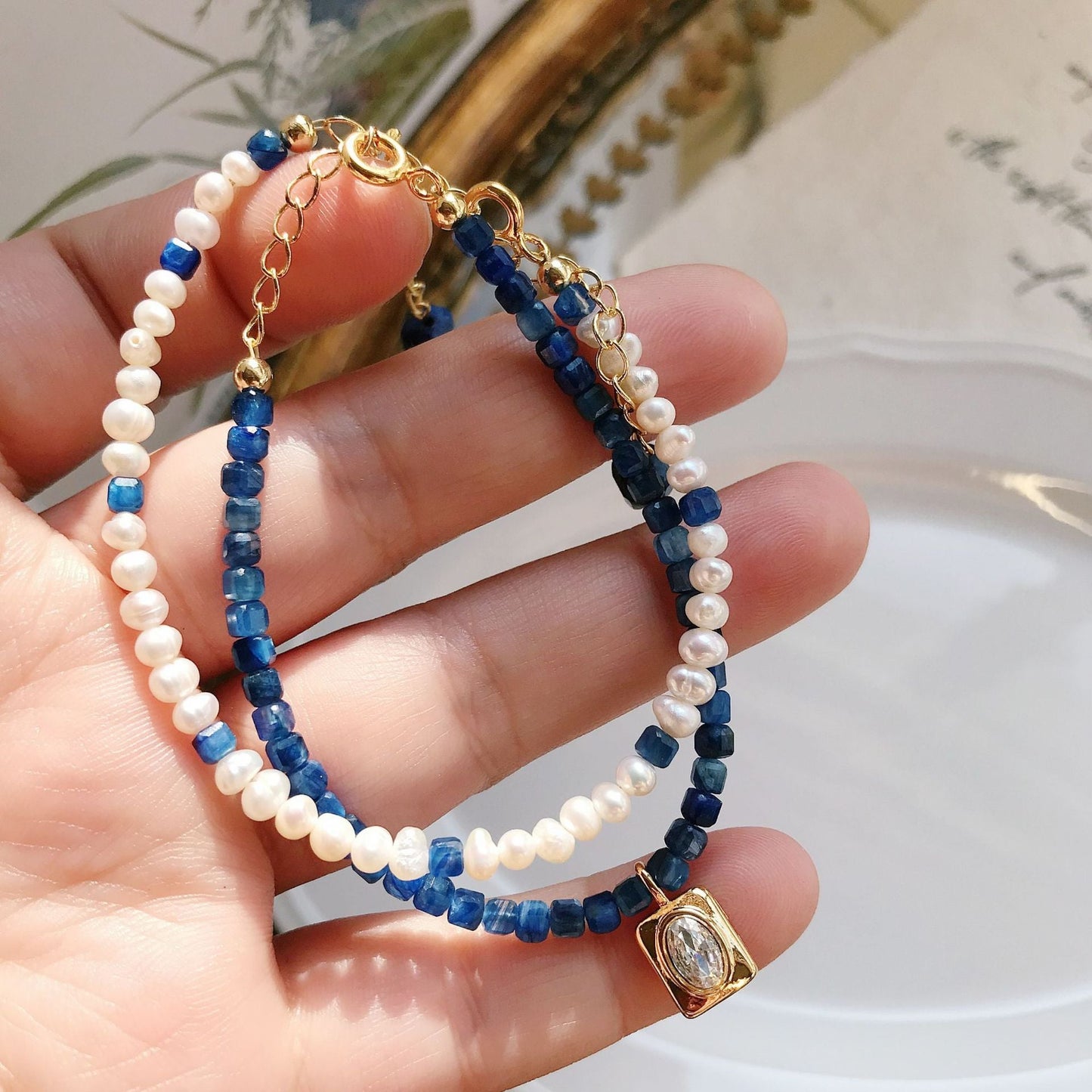 JEKIRA Pearl & Raw Blue Crystal Beaded Bracelet