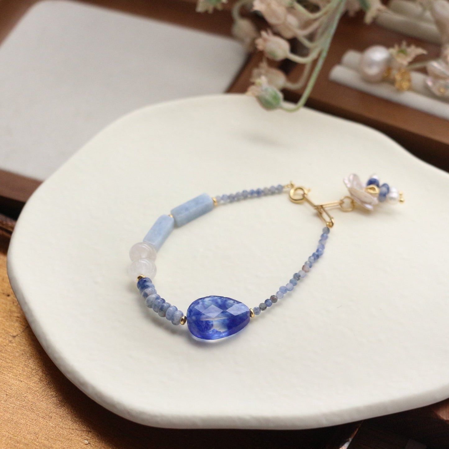Jekira Blue Gemstone Beaded Necklace & Bracelet Set with Pearls