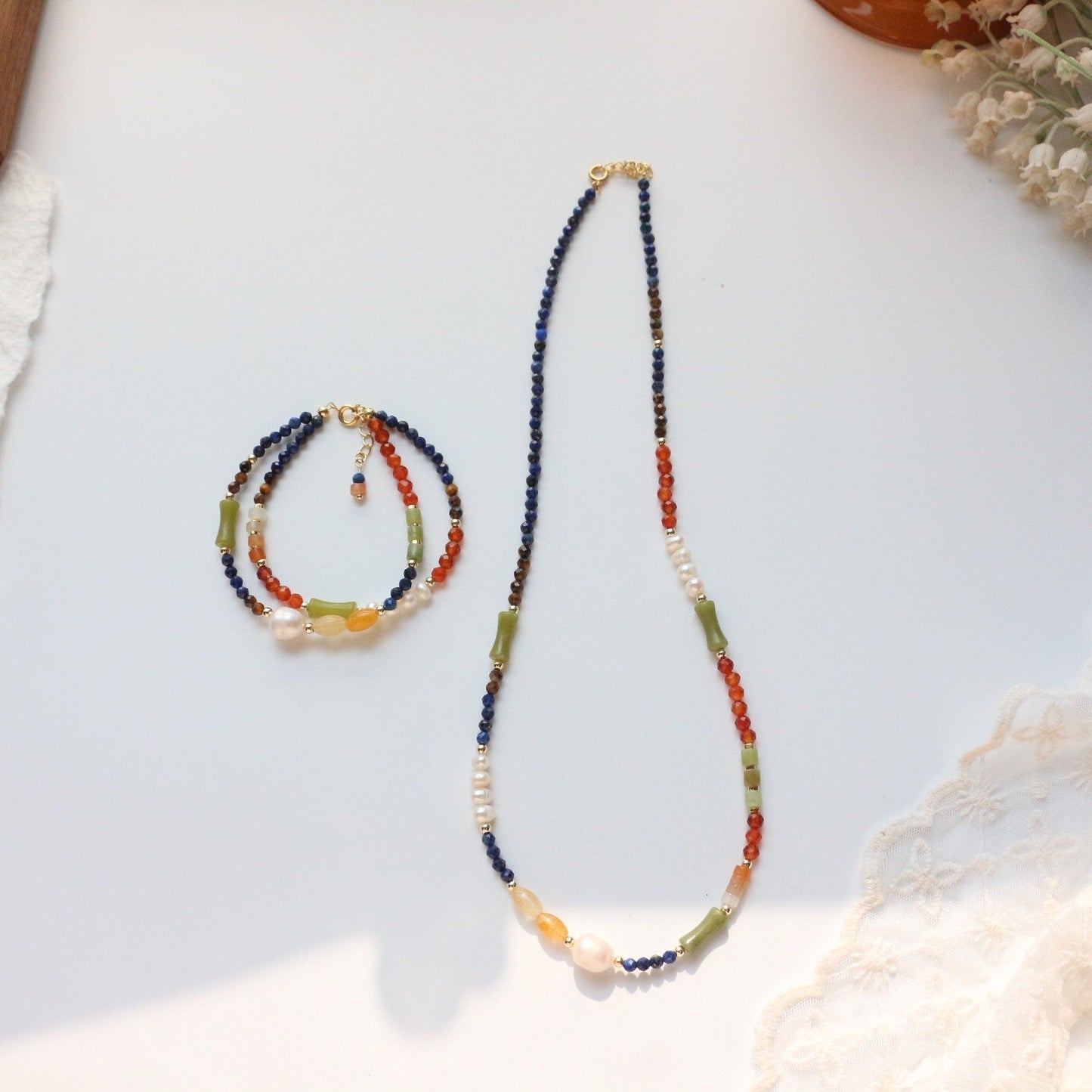Jekira Multi-Color Gemstone Necklace, Bracelet & Earrings Set – 18K Gold Vermeil