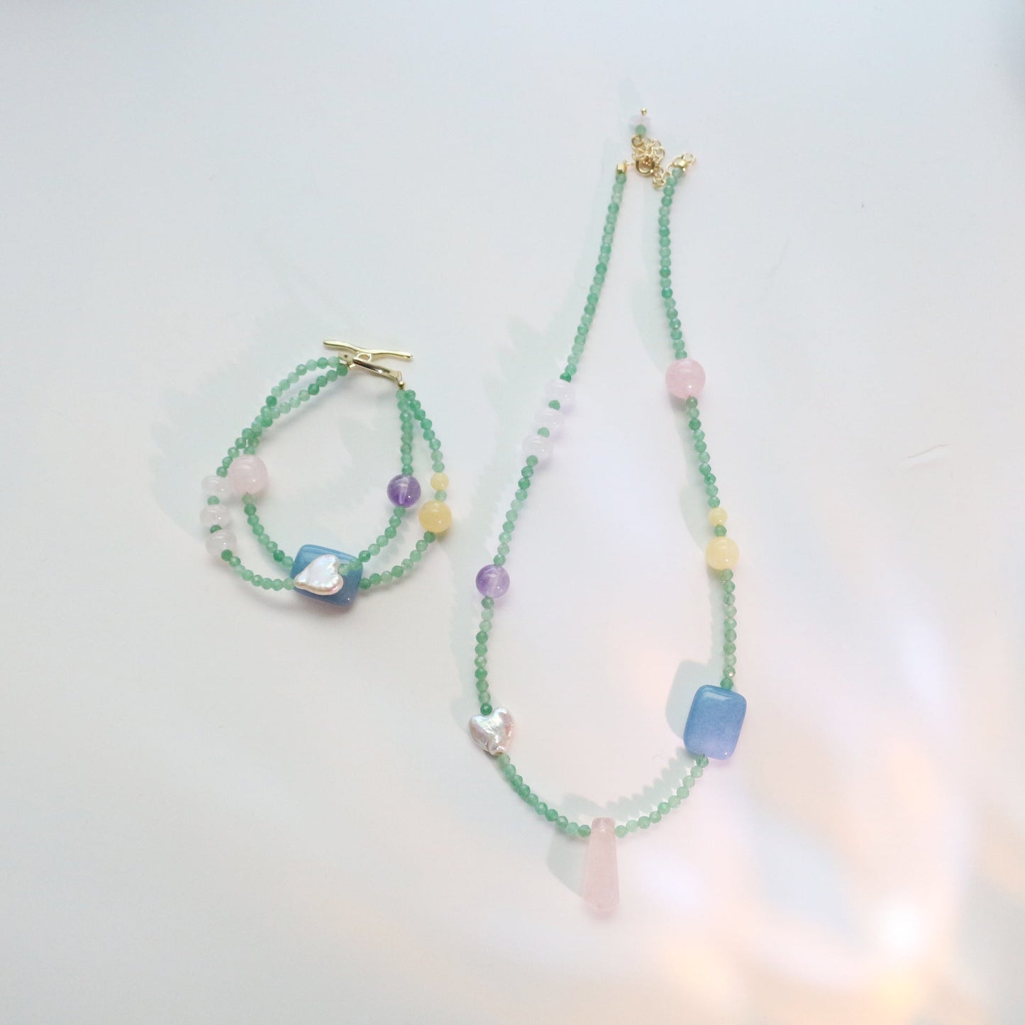 Jekira Natural Green Gemstone & Baroque Pearl Jewelry Set (Necklace+Bracelet)