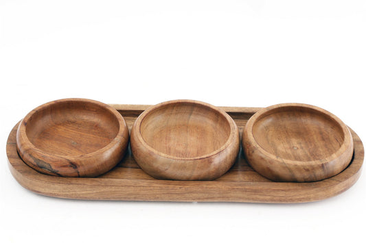 Set Of Three Bowls On Wooden Tray-0