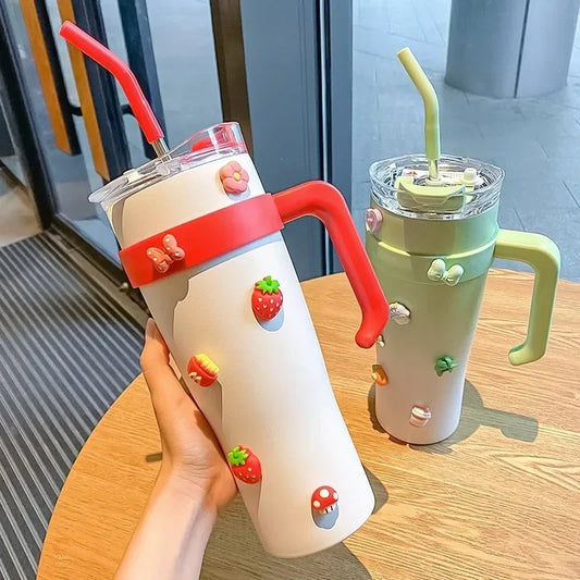 New Insulated Cup Bingba Cup 304 Stainless Steel Water Cup for Girls with Straw Large Capacity 1.2L