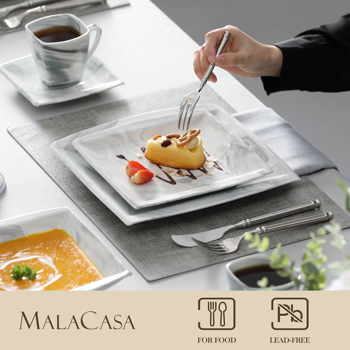 MALACASA 30/60PCS Marble Grey Porcelain Tableware Dinnerware Set with 6PCS Dessert/Soup/Dinner Plate/Cup/Saucer,Service for 12