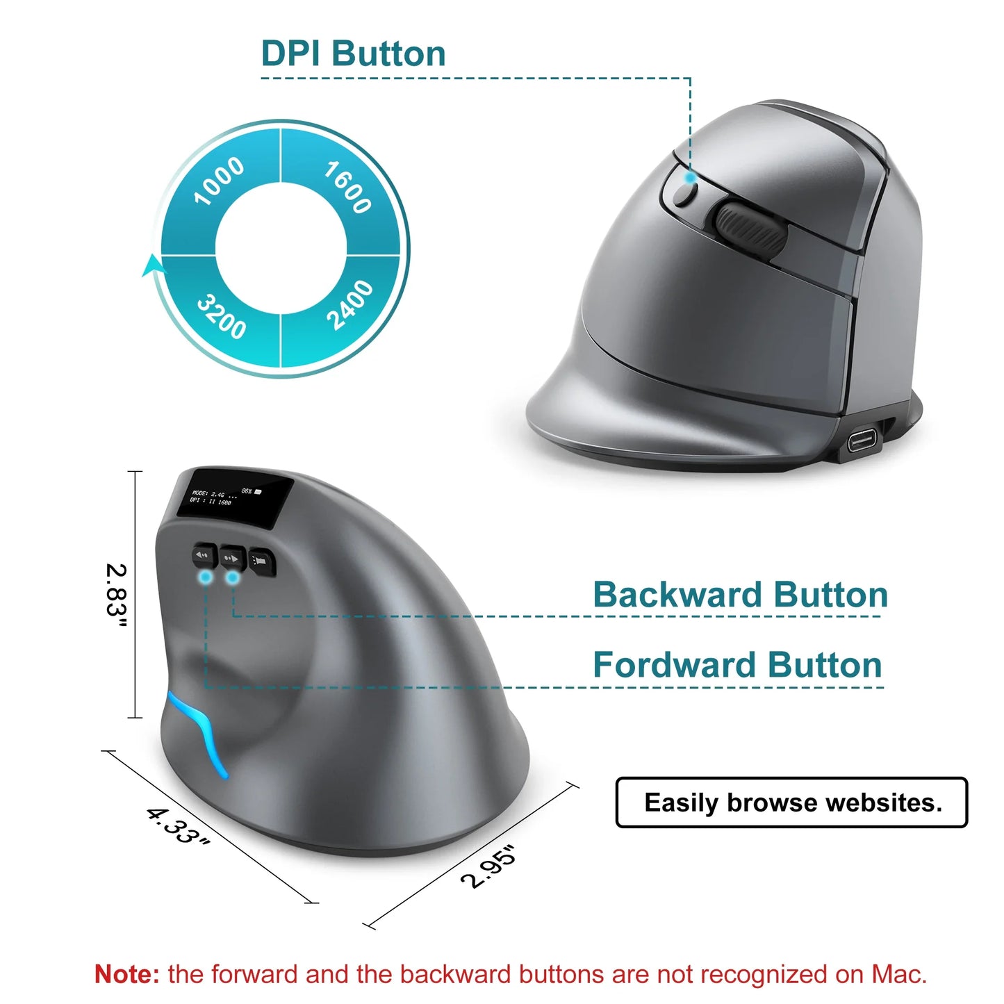 Lefon Bluetooth Vertical Mouse Wireless Ergonomic Mice with OLED Screen RGB USB Optical Rechargeable Mouse for PC Laptop Gaming