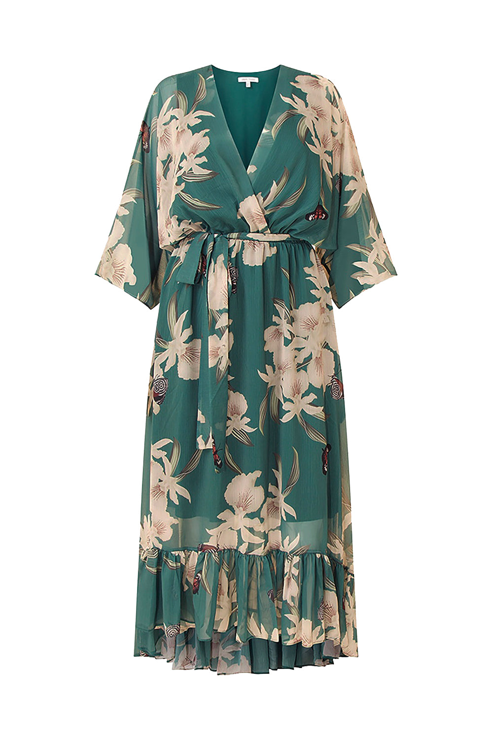 Green Floral Kimono Sleeves Dip Hem Wrap Midi Dress