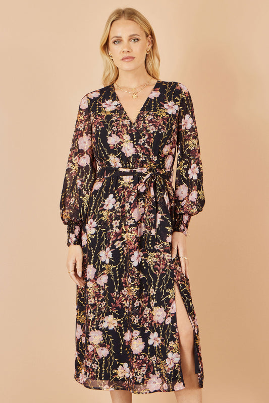 Yumi Black Foiled Floral Print Wrap Midi Dress