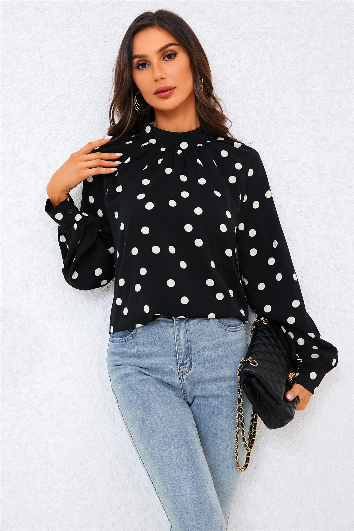 Black Dot Print Halter Neck Blouse Top In Black