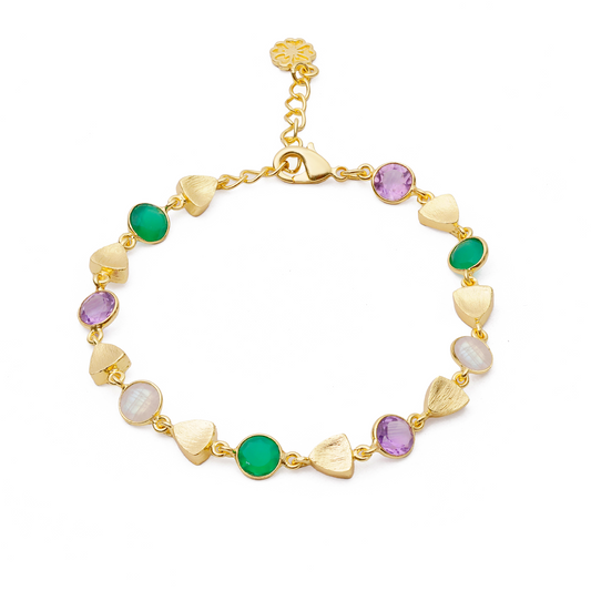 Gold Sara Mixed Gemstone Bracelet Green Onyx, Amethyst & Moonstone