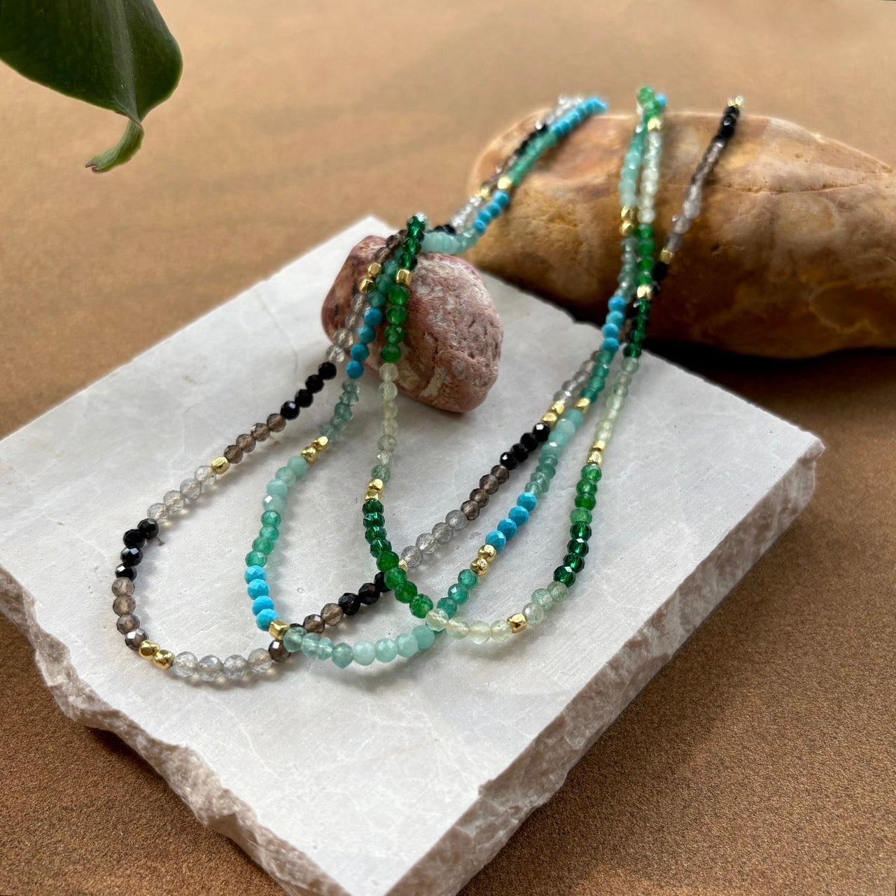 Milos Mixed Gemstone Beaded Necklace  Prehnite, Moss Agate & Green Aventurine