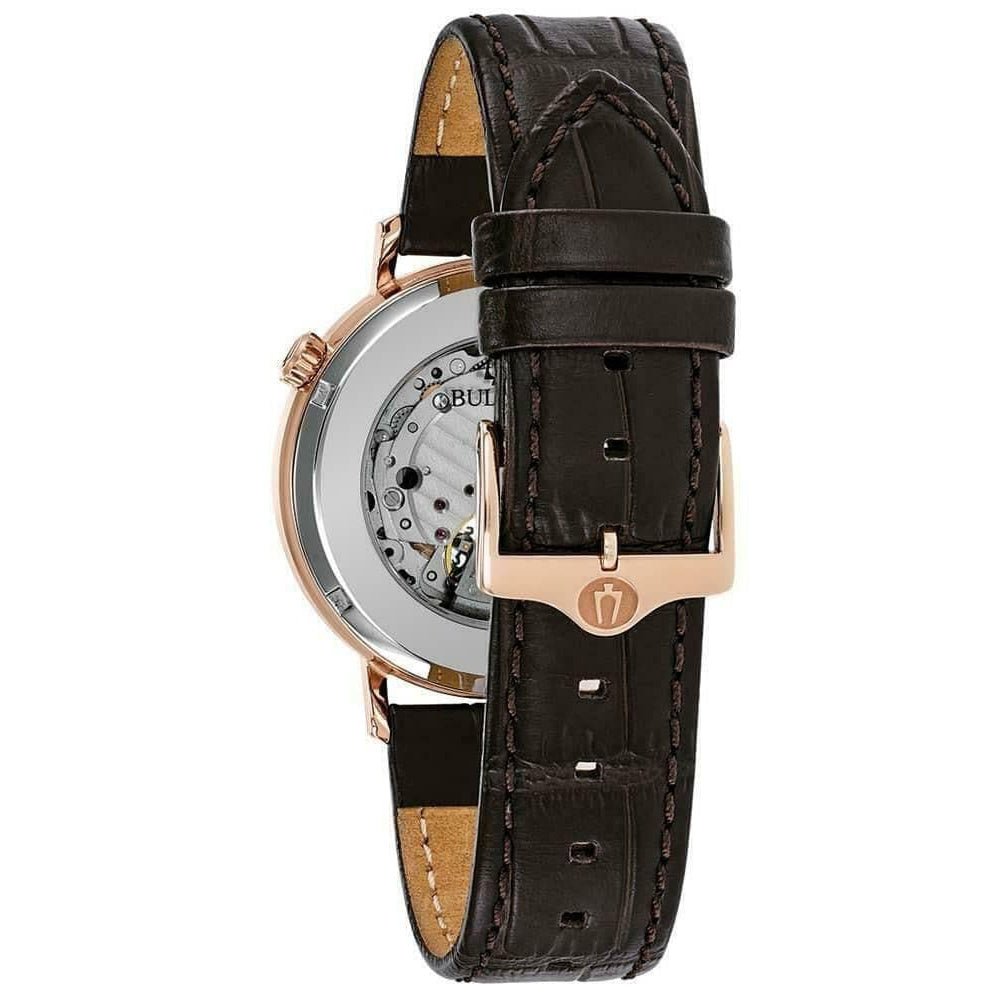 Bulova Classic Skeleton Auto Mens Brown Watch 97a133