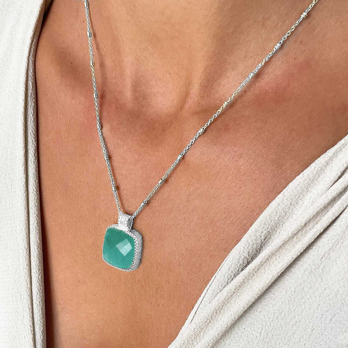 Tetra Large Square Gemstone Pendant: Silver Amazonite