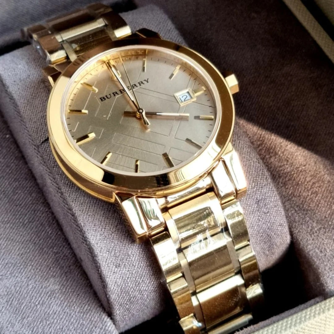 Burberry Unisex Watch Stainless Steel Gold Strap With Gold Dial BU9033 The City