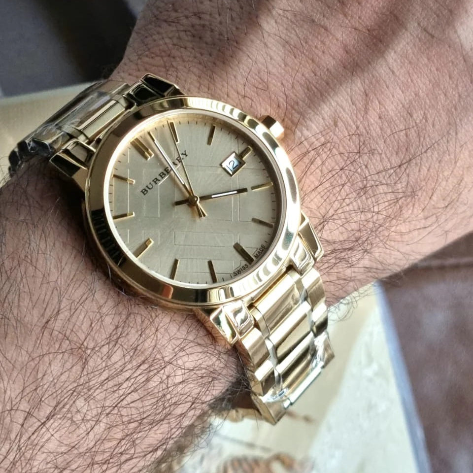 Burberry Unisex Watch Stainless Steel Gold Strap With Gold Dial BU9038 The City