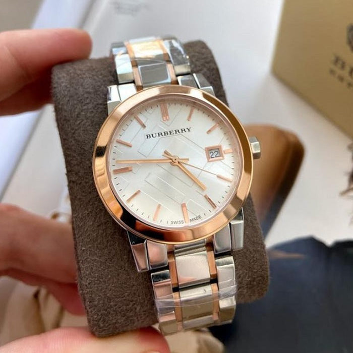 Burberry Women's Watch Stainless Steel Silver Strap With Silver Dial And Rose Gold Case BU9105 The City