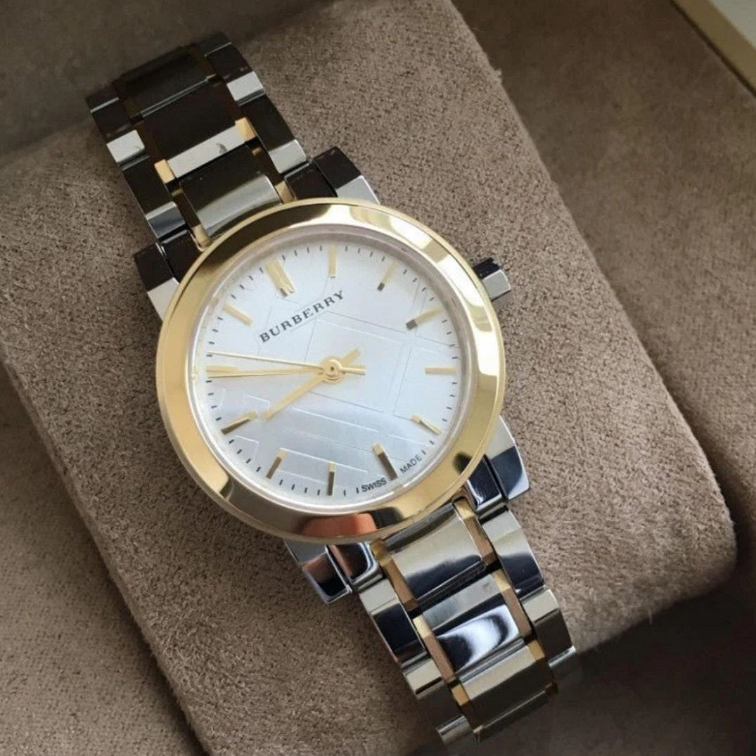 Burberry Women’s Watch Stainless Steel Silver & Gold Tone Strap With Gold Dial And Gold Case BU9217 The City
