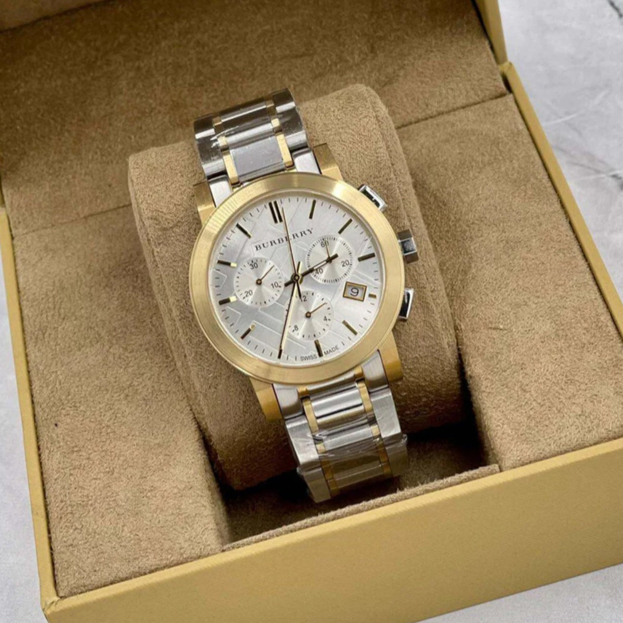 Burberry Unisex Watch Stainless Steel Two Tone Silver & Gold Strap With Silver Dial BU9751 The City Collection