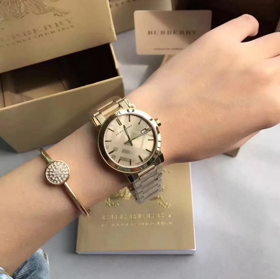 Burberry Unisex Watch Stainless Steel Gold Strap With Gold Dial BU9038 The City