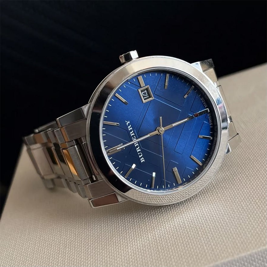Burberry Unisex Watch Stainless Steel Silver Strap With Blue Dial BU9031 The City