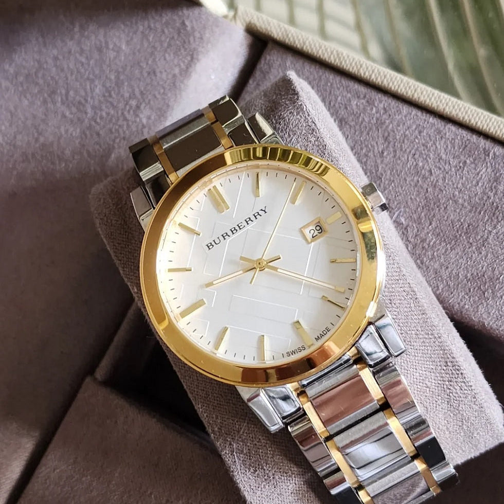 Burberry Women’s Watch Stainless Steel Silver & Gold Strap With Silver Dial And Gold Case BU9115 The City