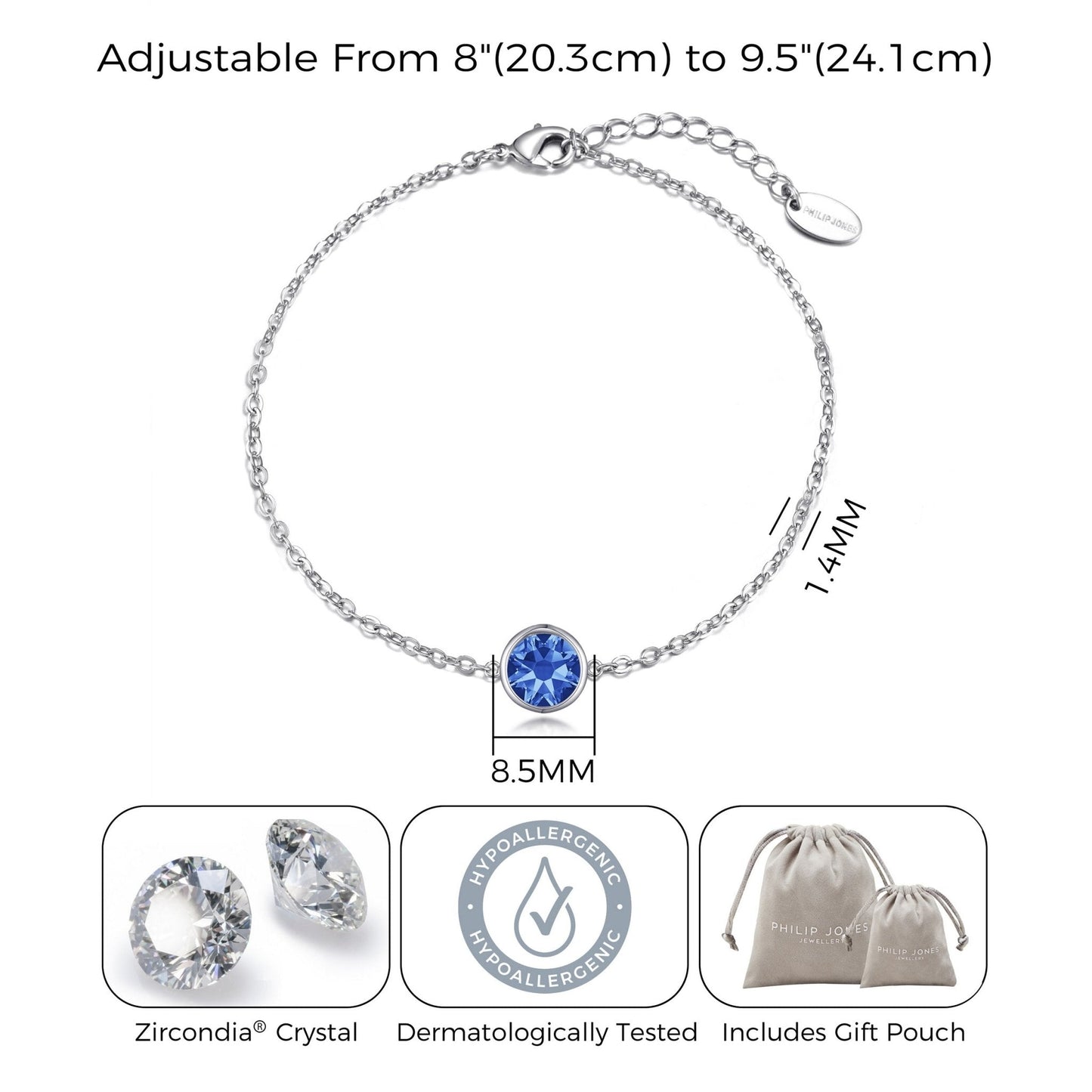 September (Sapphire) Birthstone Anklet Created with Zircondia® Crystals