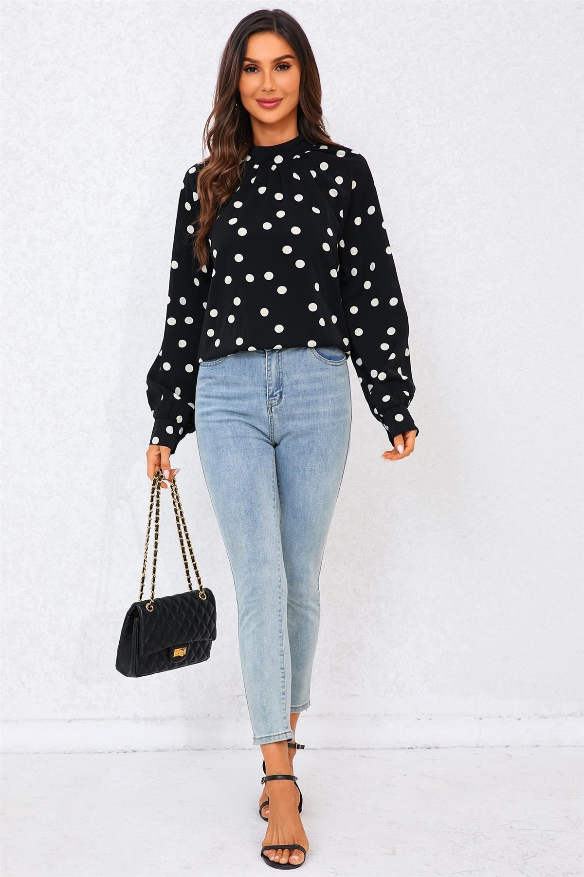 Black Dot Print Halter Neck Blouse Top In Black