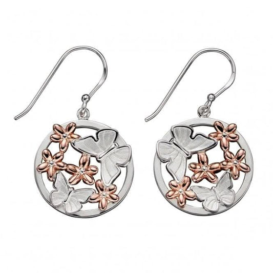 Elements Silver Satin Finish Butterfly Rose Gold Flowers Earring E5720