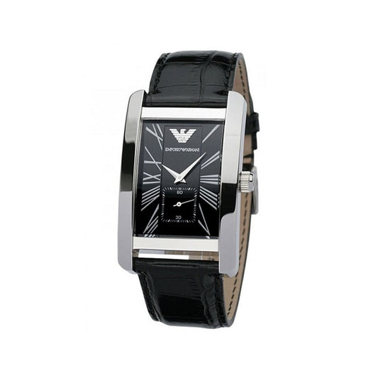 Emporio Armani Men's Watch Leather Black Strap With Black Dial And Silver Case AR0143 Classic Rectangle