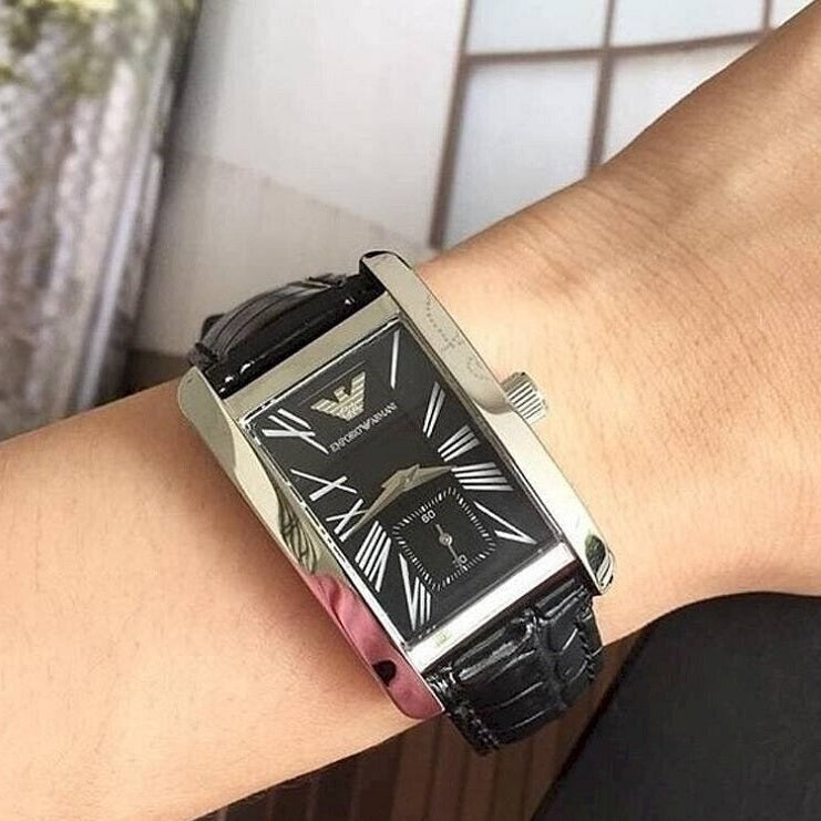 Emporio Armani Men's Watch Leather Black Strap With Black Dial And Silver Case AR0143 Classic Rectangle