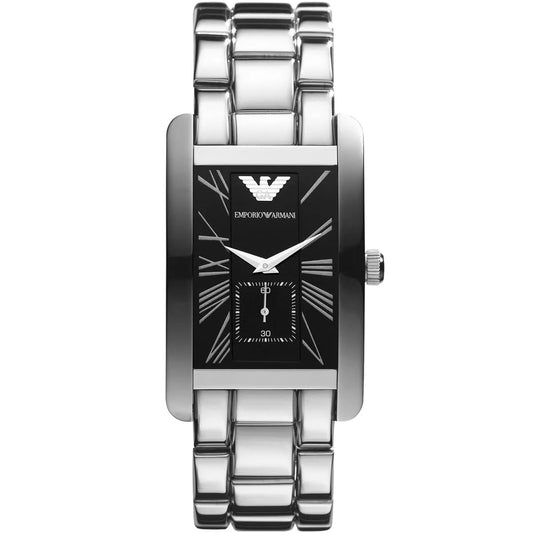 Emporio Armani Men’s Watch Stainless Steel Silver Strap With Black Dial Rectangular Classic AR0156